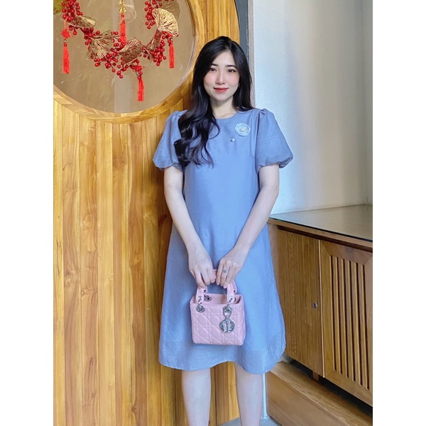Đầm bầu dáng suông tay lụa bo phồng Stella Dress