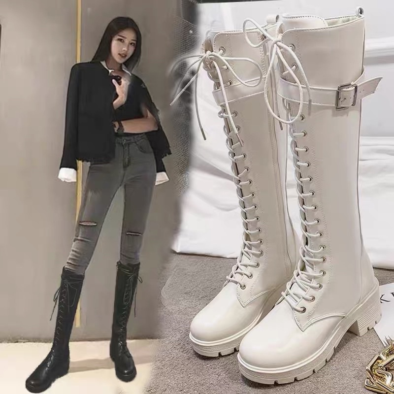 Hàng order - Giày bốt cổ cao mũi tròn gót 5p phối dây cột và khóa kéo một bên