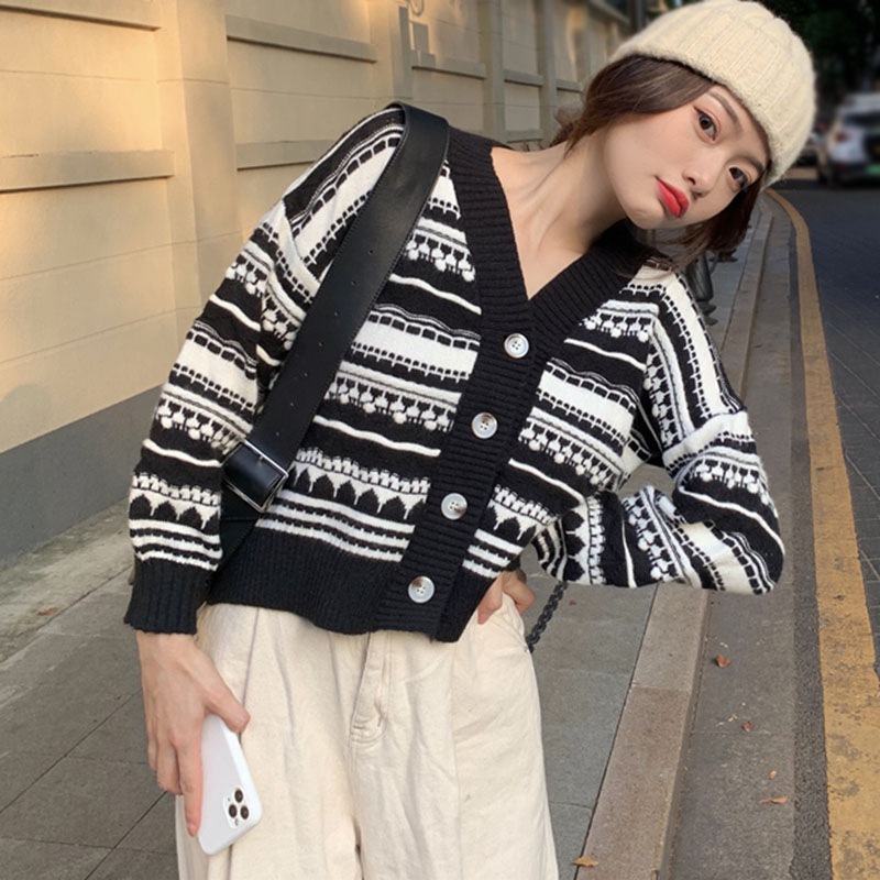 Áo Khoác Cardigan Dệt Kim Hoạ Tiết Kẻ Sọc Thiết Kế Cổ Chữ V