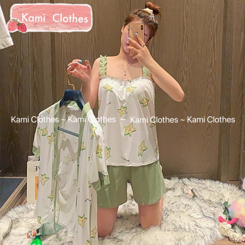 Bộ ngủ nữ 3 chi tiết, set đồ áo 2 dây và quần đùi nữ kèm áo khoác ngoài kiểu dáng yukata - KAMI Clothes