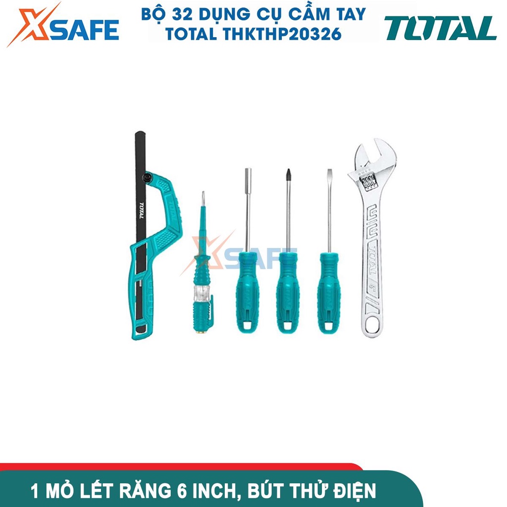 Bộ 32 dụng cụ cầm tay TOTAL THKTHP20326, hộp đựng 17inch gồm kềm, mỏ lết, tua vít, búa, khung cưa, kéo, thước cuộn...
