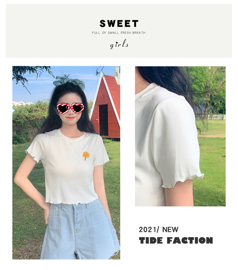 Áo Thun Ngắn Tay Thêu Hoa Cúc Xinh Xắn Cho Nữ