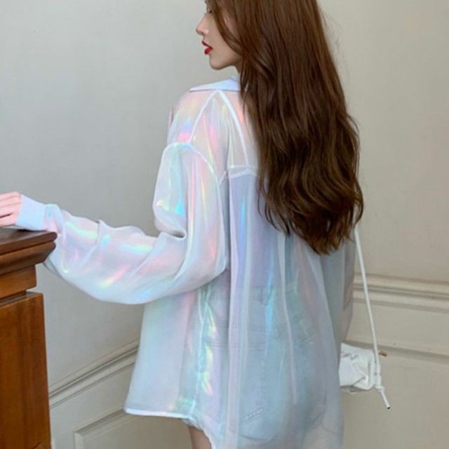 Áo sơ mi mỏng phản quang cầu vồng óng ánh hè thu cá tính