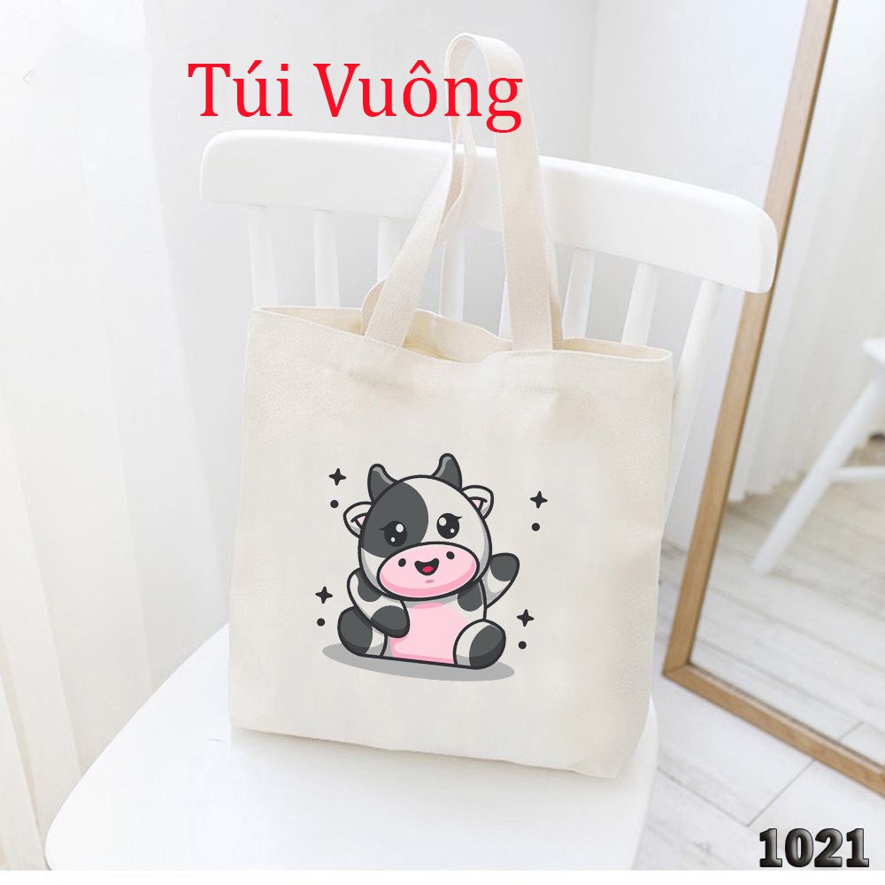 Túi Tote Đeo Chéo CANVAS In Hình Bò Sữa Siêu Dễ Thương