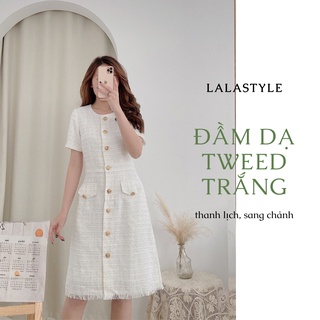 Đầm dạ tweed trắng cộc tay Lalastyle