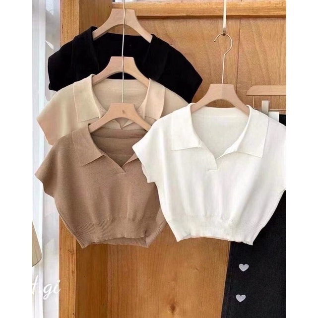 [ Ảnh thật ] Áo polo croptop chất len dệt tôn dáng