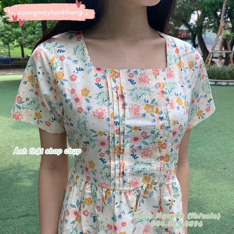 Váy hoa Babydoll Quảng Châu xinh, váy babydoll thắt nơ eo trẻ trung  - Xưởng May Hạnh Hồng