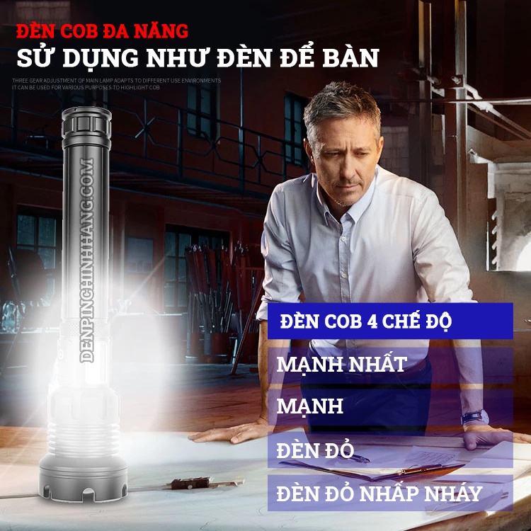 Đèn pin siêu sáng P90 COB cao cấp có zoom 2024