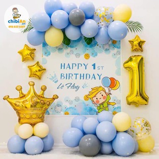 Set phụ kiện trang trí sinh nhật cho bé đẹp rẻ - Bóng bay - Kèm Phông bạt & In tên - Màu xanh