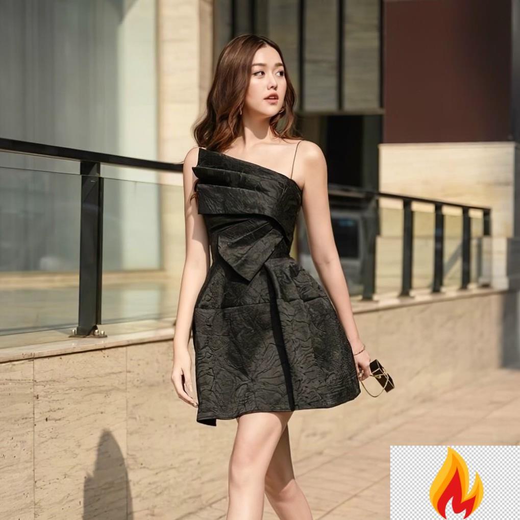 Đầm đen 2 dây dáng xoè dự tiệc sang trọng Chất liệu gấm cao cấp MINA MN127 -mjk8