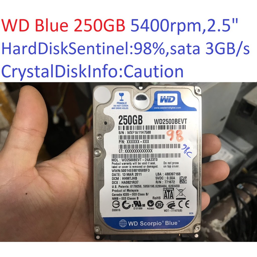 ổ cứng cho laptop WD Blue 250GB 5400RPM sata 2 3 GB/s 2.5 &quot; inch 9mm hdd 98% Caution WD2500BEVT