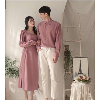 ÁO ĐÔI Set áo váy sơ mi đôi caro nam nữ màu đen cao cấp chất đẹp couple