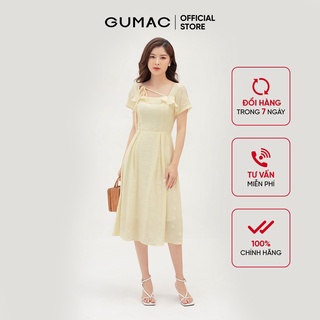 Đầm xòe nữ cổ vuông bèo GUMAC màu vàng, đủ size DB3100