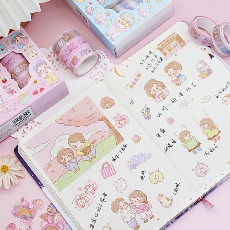 Hộp 9 sticker và 5 washi tape