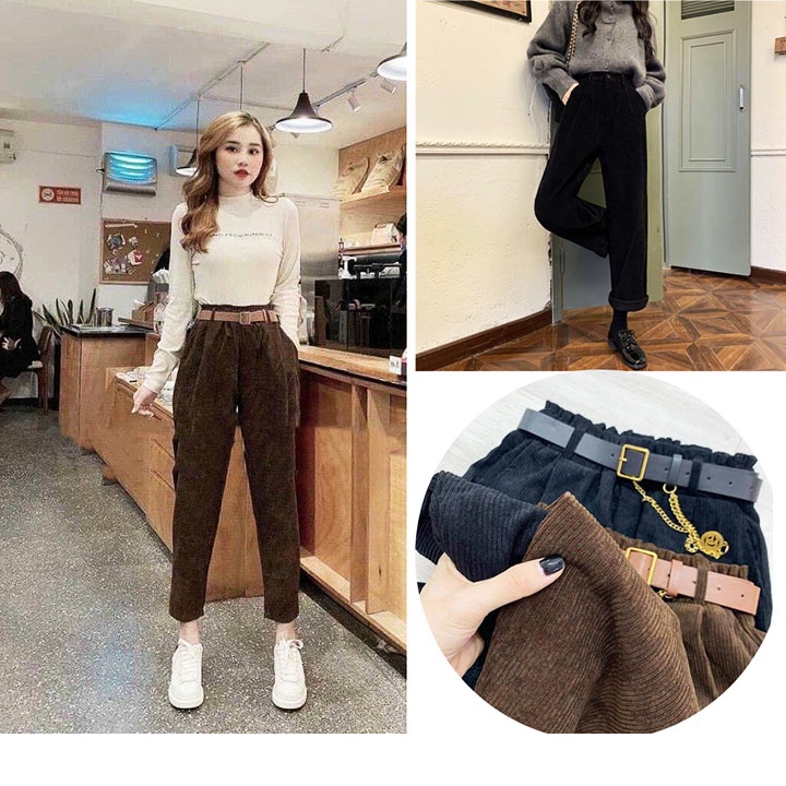 ❤️ HÓT NHẤT NĂM ❤️ Quần Nhung Ống Rộng NỮ EO KIỂU Unisex MÀU Nâu Đen BAGGY SUÔNG