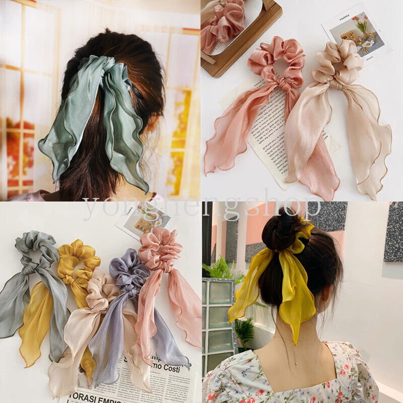 Dây Cột Tóc Chiffon Co Giãn Phối Ruy Băng Dài Thời Trang Cho Nữ