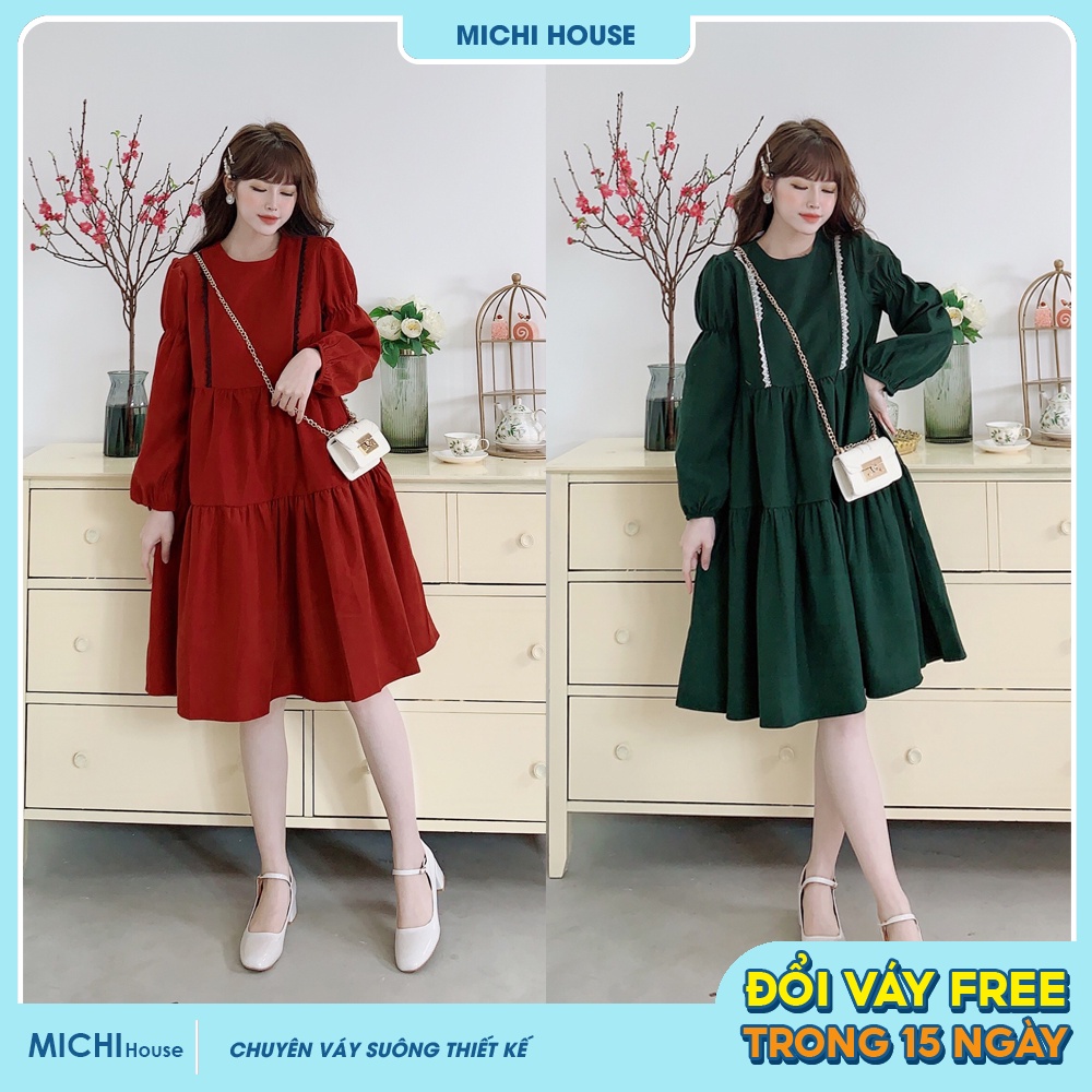 Váy Suông Babydoll MICHI House V349 Đầm Xuông Thiết Kế Cổ Tròn Dài Tay Freesize Rộng Xinh