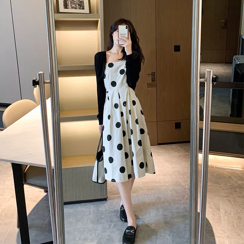 Set đầm 2 dây bi kèm khoác