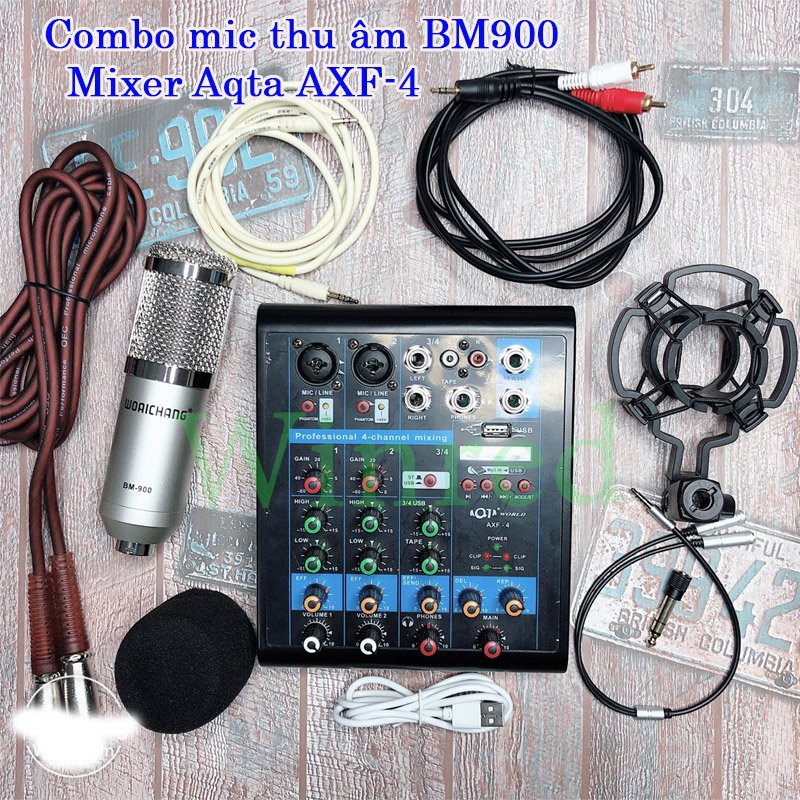 Bộ mic thu âm mixer Aqta AXF 4 có bluetooth mic bm900 kèm dây livestream zắc 6.5 hát karaoke và livestream đều được