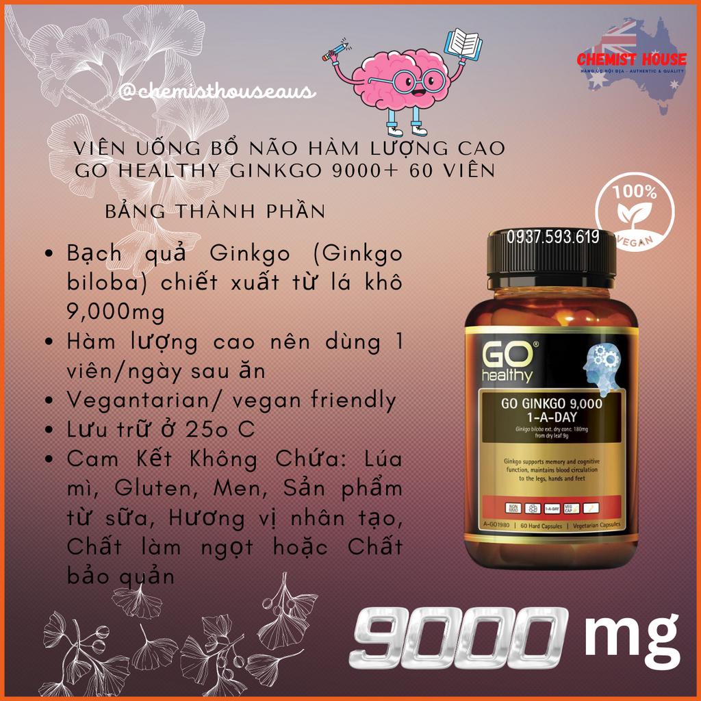 Viên uống bổ não hàm lượng cao 9,000mg bạch quả cải thiện trí nhớ tập trung - GO Healthy Ginkgo 9000+ 60 viên