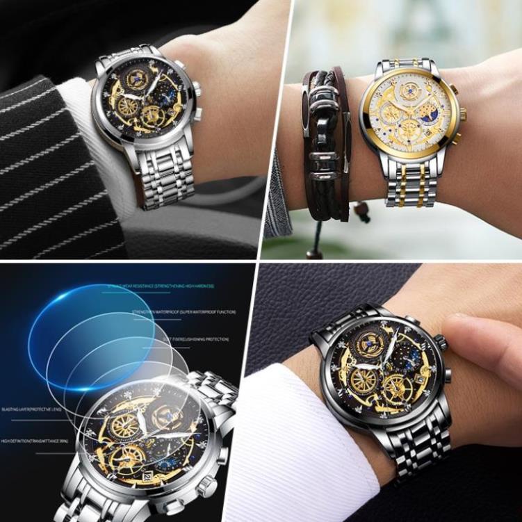 WISHDOIT Đồng Hồ Quartz Ba Mắt Đa Năng Dây Thép Không Gỉ Thời Trang Thể Thao Cho Nam
