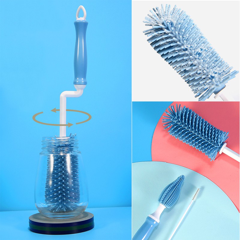 Bộ Cọ Rửa Bình Sữa Silicon Cao Cấp 3 Chi Tiết - Tay Cầm Xoay 360 Độ