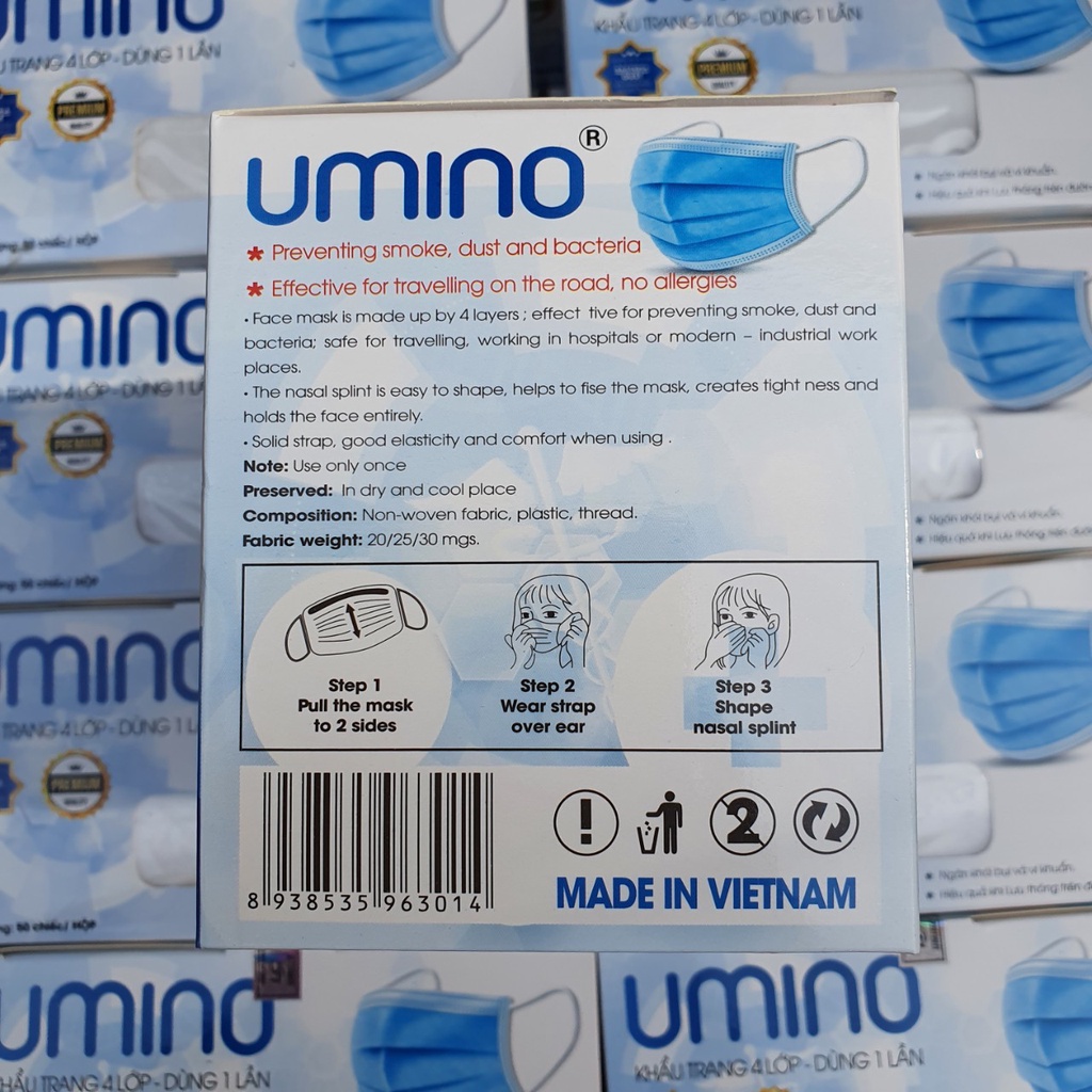 Khẩu trang y tế 4 lớp UMINO chính hãng hộp 50 chiếc màu trắng