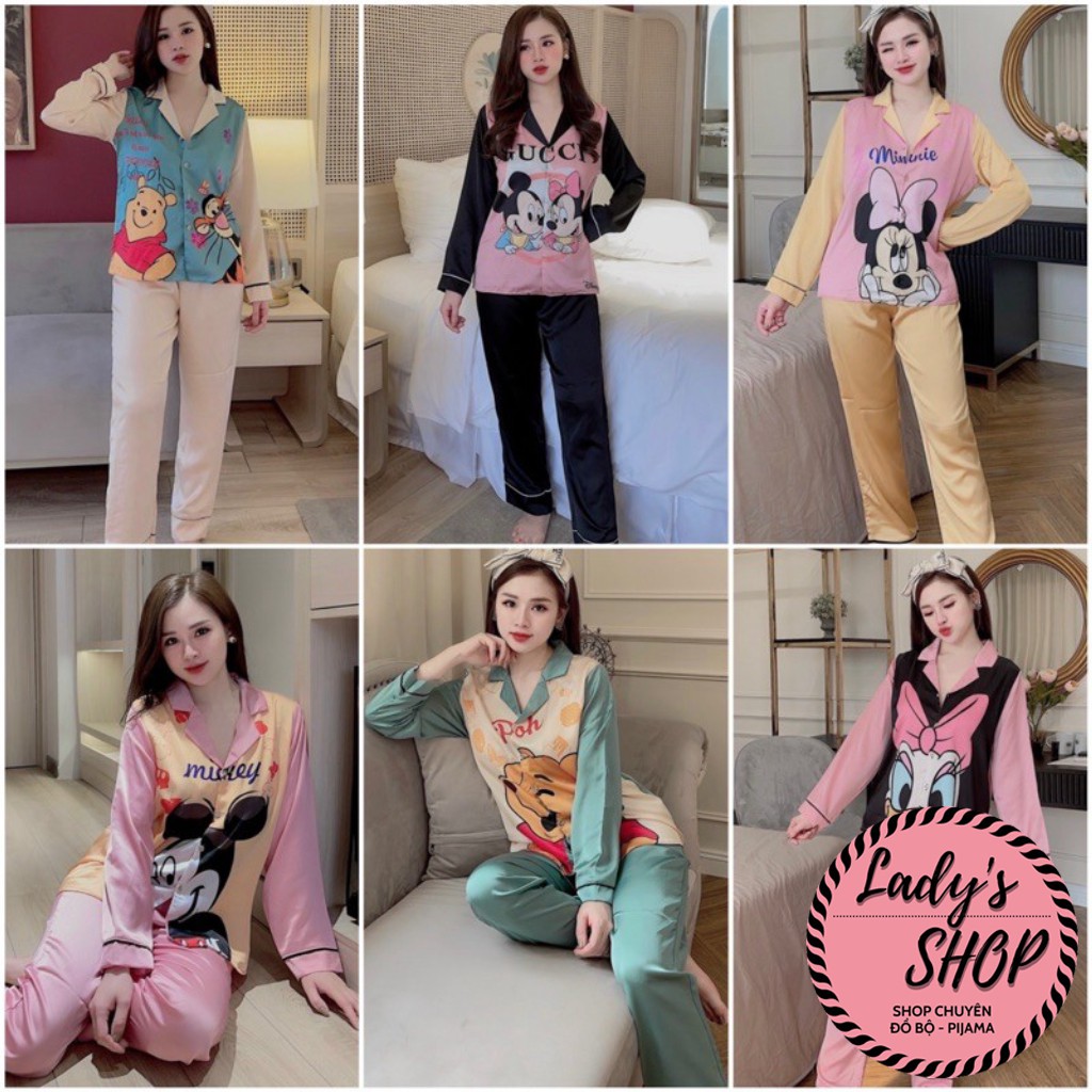 Đồ Ngủ💖Đồ Bộ Pijama Lụa Tay Dài Thiết Kế Họa Tiết In 3D Dễ Thương