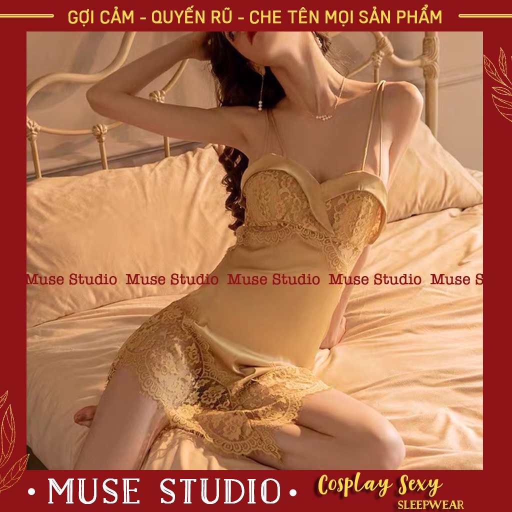 Váy ngủ sexy, đầm ngủ hai dây gợi cảm vải satin phối ren ngực và hông