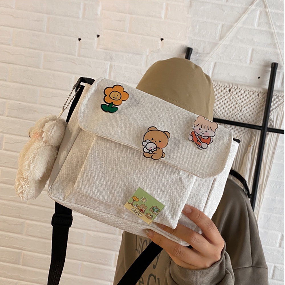 Túi Đeo Chéo Nữ Mini Chất Liệu Vải Canvas Nhiều Ngăn Kèm Sticker Cá Tính Đi Học Đi Chơi Phong Cách Hàn Quốc