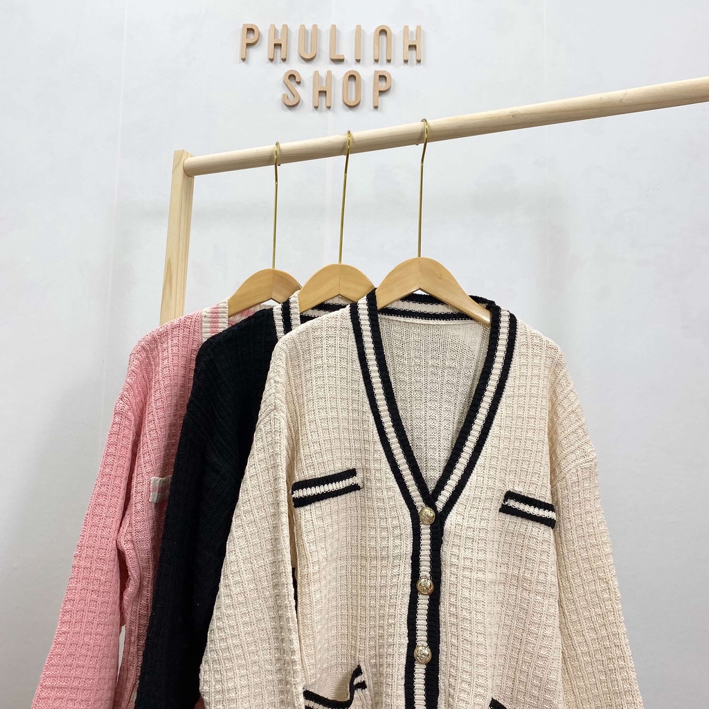 MS827 Áo khoác cardigan len nữ viền màu cổ tim giả túi