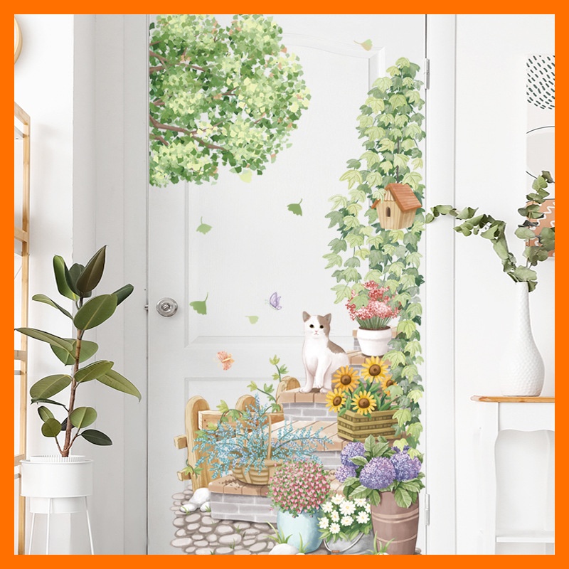 Decal dán tường decor mèo xinh ngồi bậc thang trang trí phòng khách, cửa hàng