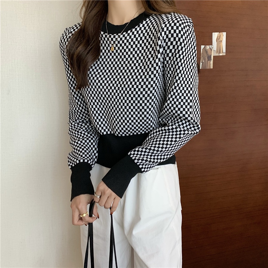 Porozi  Áo dệt kim  cổ tròn họa tiết sọc caro phong cách Hàn Quốc thời trang cho nữ