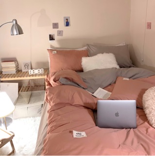 Bộ chăn ga gối Cotton đũi: màu cam phối beige