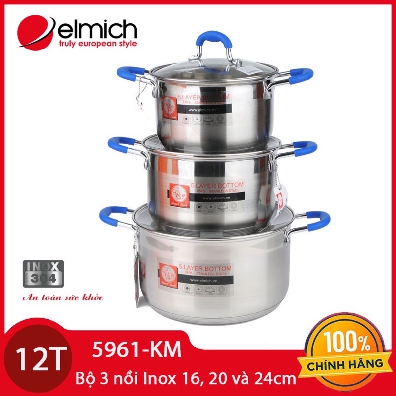 Bộ nồi INOX 304 cao cấp 5 đáy size 16,20 và 24cm Elmich Smartcook SM5961