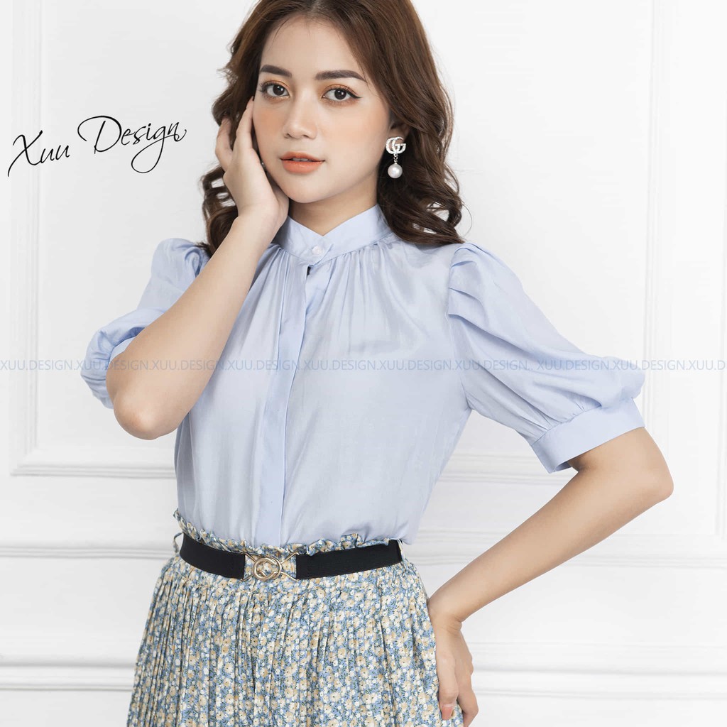 Áo sơ mi nữ công sở tay lửng cổ tàu Xuu, thiết kế tay bồng xếp ly SP37