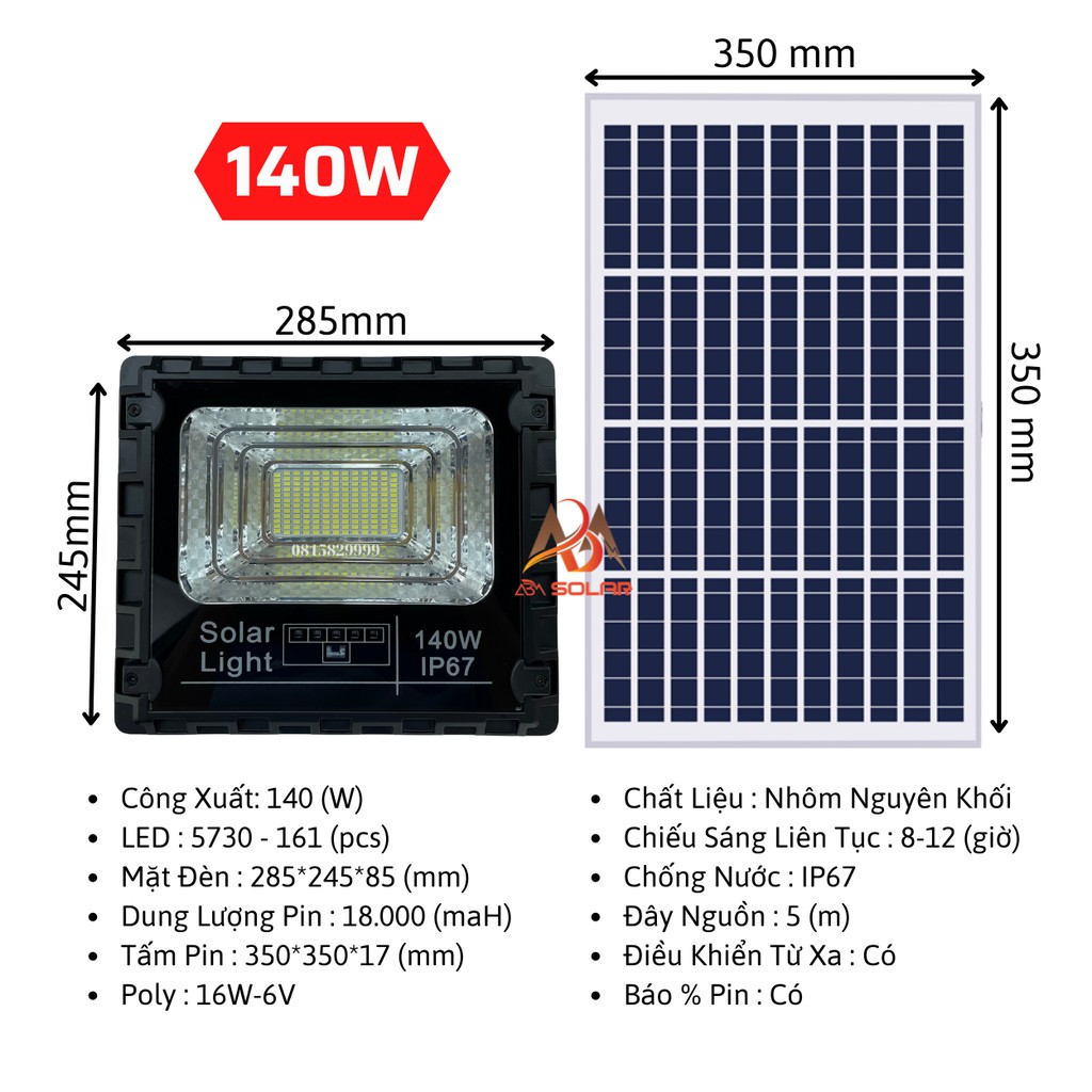 [140W] Đèn Năng Lượng Mặt Trời Nhôm Đúc Nguyên Khối, Có Báo % Pin Công xuất 700w 350w 140w 100w, ip 67 chống nước JD-ABM