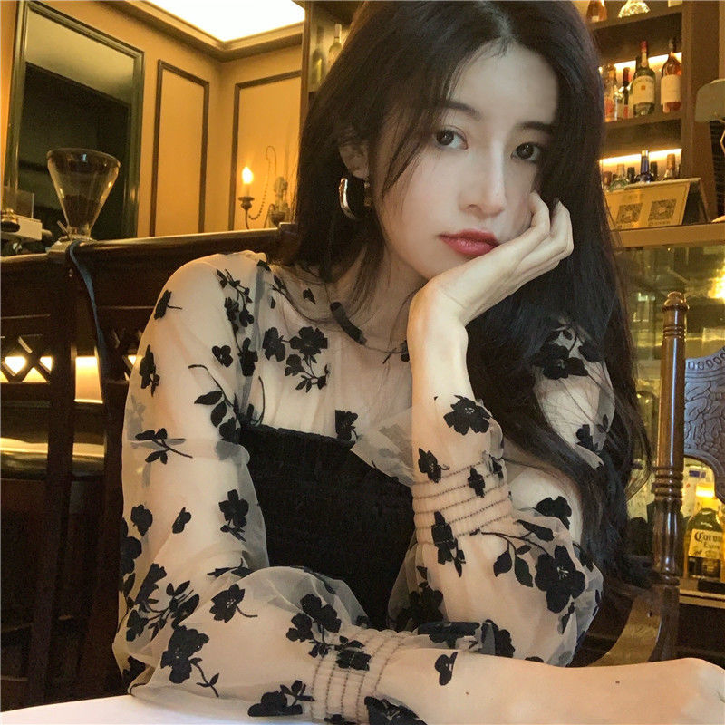 Áo kiểu ngắn phối nhung hoa dài tay gợi cảm cho nữ