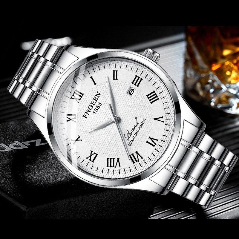 Đồng hồ nam FNGEEN F2LM mătj tròn số la mã có lịch ngày, dây thép không gỉ