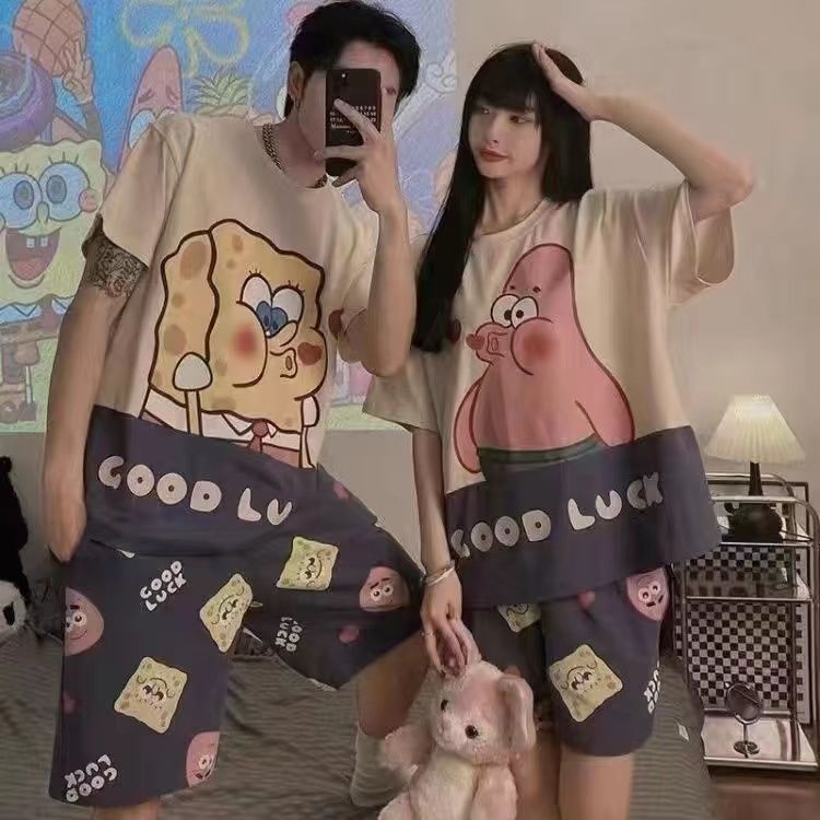 Bộ Đồ Ngủ Tay Ngắn Chất Liệu Cotton In Họa Tiết Hoạt Hình Dễ Thương Thời Trang Mùa Hè Cho Cặp Đôi