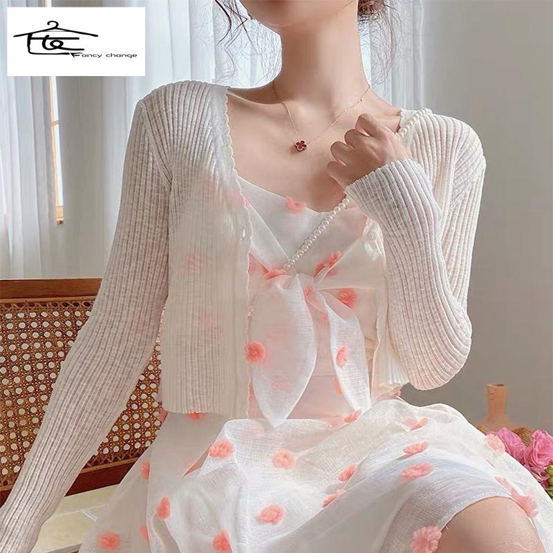 Áo Khoác Cardigan Tay Dài Cổ Chữ V Chất Lụa Mát Mẻ Thời Trang Mùa Hè Cho Nữ