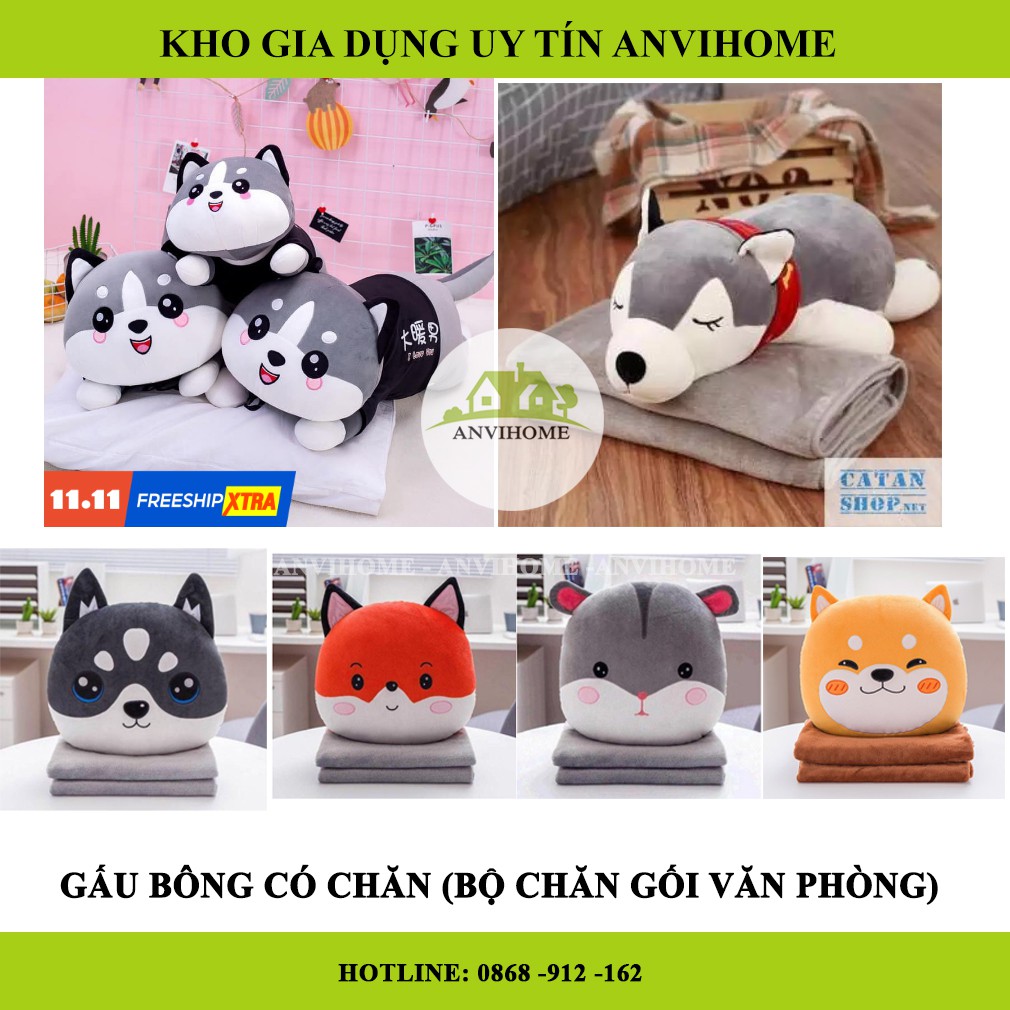 Bộ chăn gối hình Cún (chó) inu, chó Husky, Cún ngáo, Chó (cún) có chăn - Gối mền văn phòng - Gối văn phòng 3in1 ANVIHOME