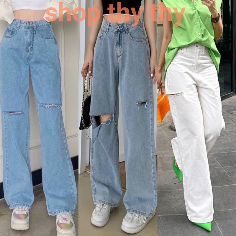 Quần jeans babgy nữ rách gối lưng cao ống xuông rộng tôn dáng,Quần kaki trơn cạp chun dài phong cách bụi hàn quốc