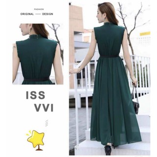 [HÌNH THẬT ]ĐẦM MAXI XANH CỔ TRỤ KÈM NỊT