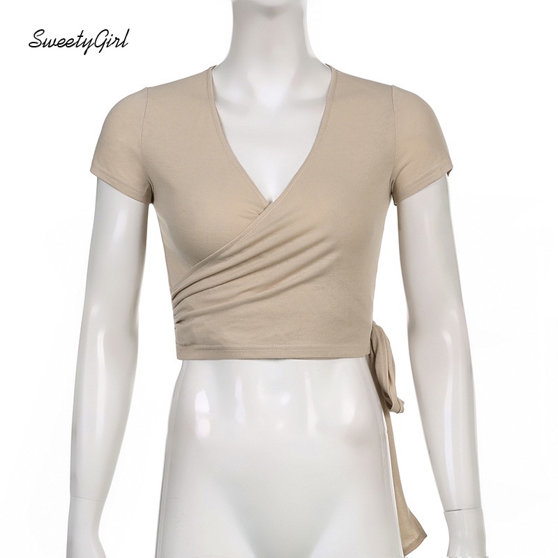 Áo Croptop Tay Ngắn Cổ Chữ V Màu Trơn Thời Trang Quyến Rũ Dành Cho Nữ 2022