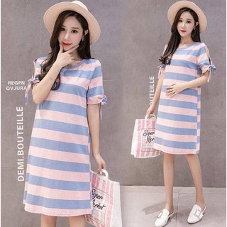 Váy bầu đầm bầu suông big size thời trang kẻ hồng xanh