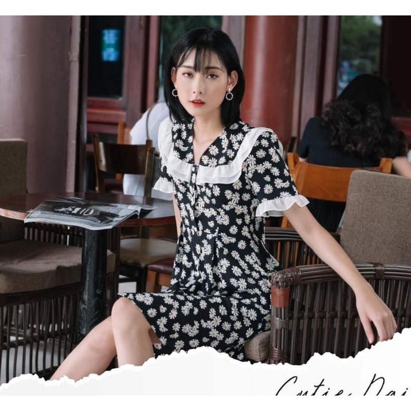 Đầm suông hoa cúc họa mi cổ viền bèo siêu xinh siêu hot