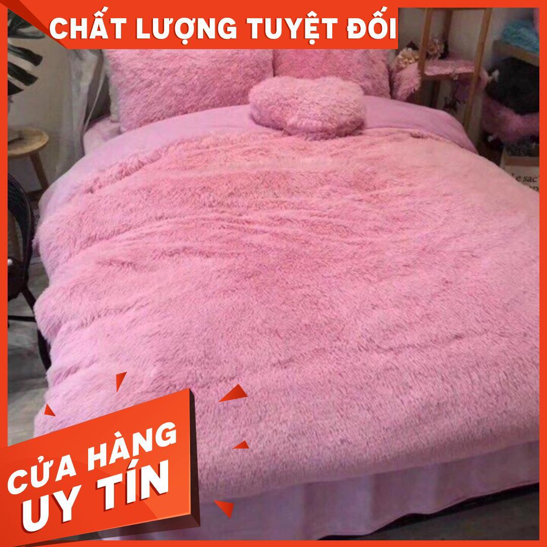 Bộ Chăn Ga Gối Nỉ Nhung Lông 5 Món - Màu Hồng -loại đẹp