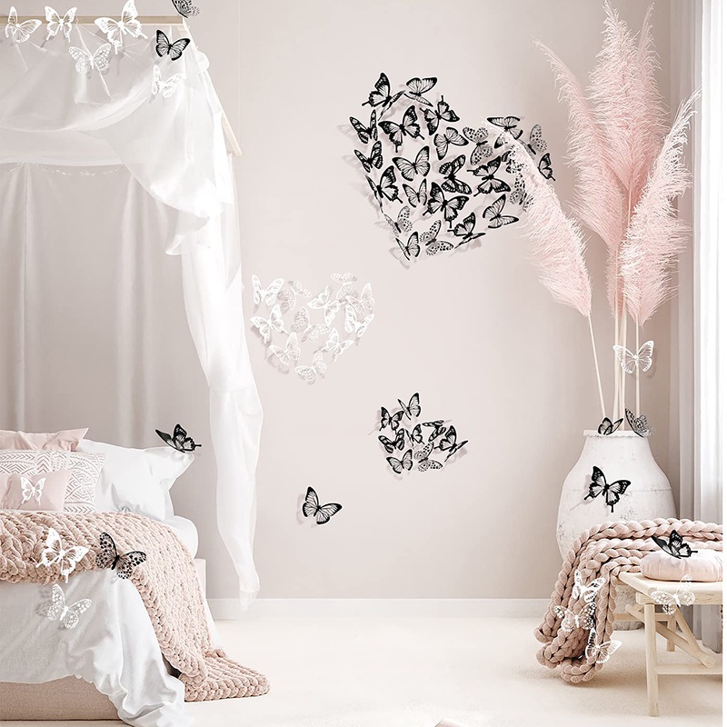 1 Set Miếng Dán Tường Trang Trí Hình Bướm Đen Và Trắng 3D Bằng PVC Có Thể Tháo Rời