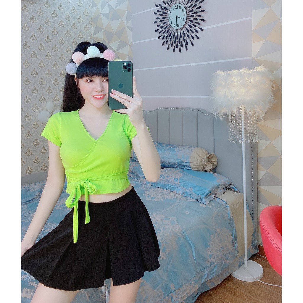 Áo croptop cổ V kiểu cột nơ eo , áo ôm body tôn dáng cực xinh , chất thun thái mềm mịn co giãn thoải mái